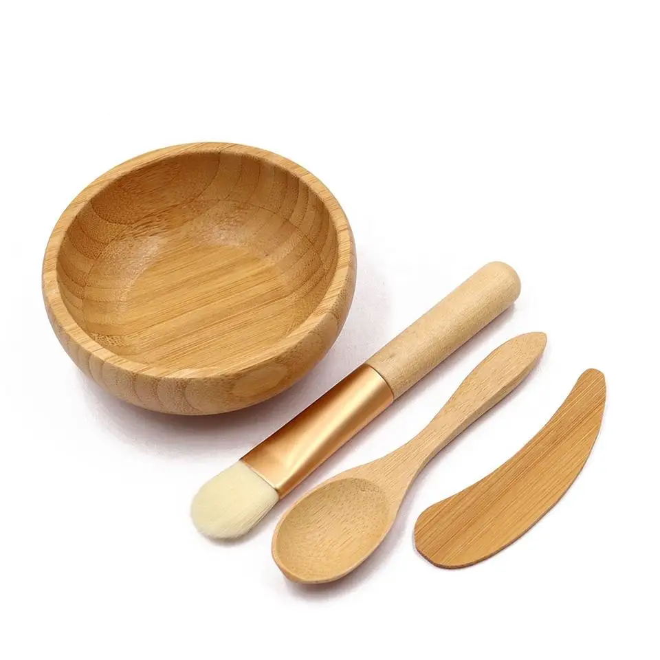 1Pcs Natural Bamboo Make Up Bowls Set with Spoon and Spatual and Brush Wooden Bamboo Lipgloss Mask Clay Face Care Tool for Women