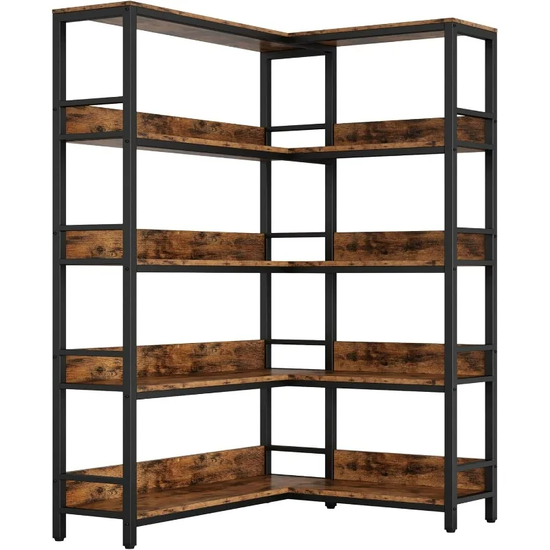 Industrial Bookshelves 5 Tiers Corner Bookcases with Baffles Etagere Shelf Storage Rack