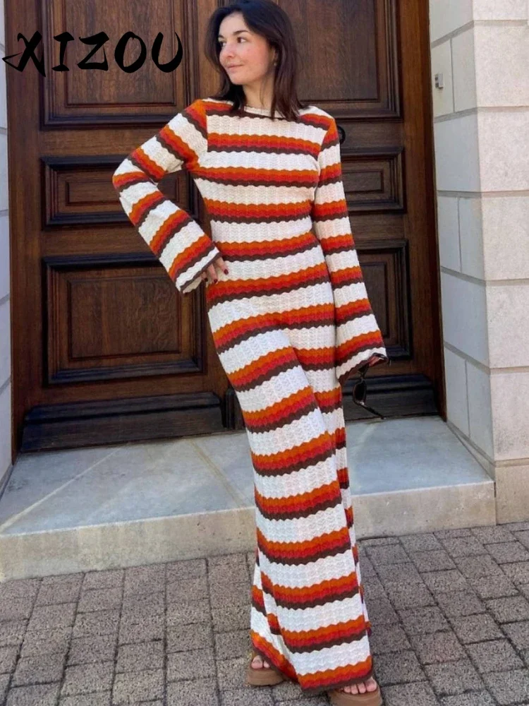 

XIZOU Striped Knitted Beach Dress Women Elegant Long Sleeve Backless Long Dress Casual Loose Holiday Vacation Outfits Summer