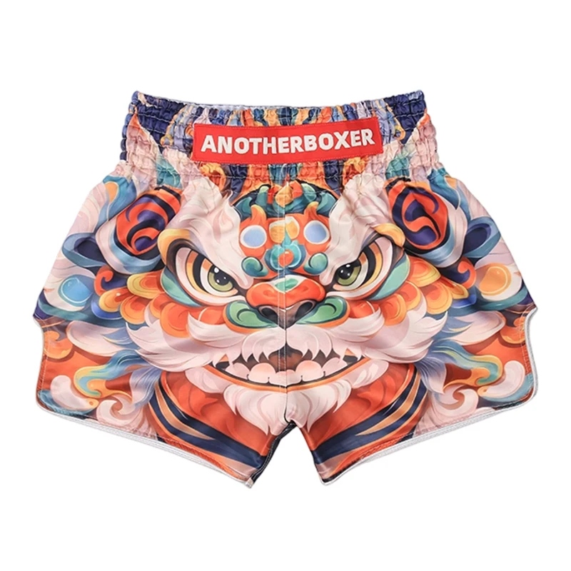Muay Thai Shorts for Men Women Boxing Fight Shorts Traditional Chinese Lion Dance Graphic Kickboxing MMA Shorts for Martial Arts