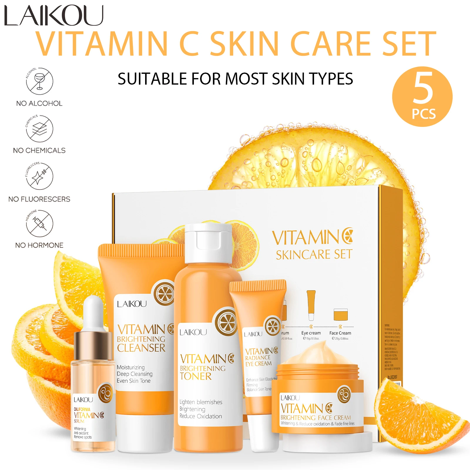 New LAIKOU Vitamin C Bright Skincare 5pcs Set Deep Cleansing Facial Cleanser Face Cream Moisturizer Toner Eye Serum Gift Box