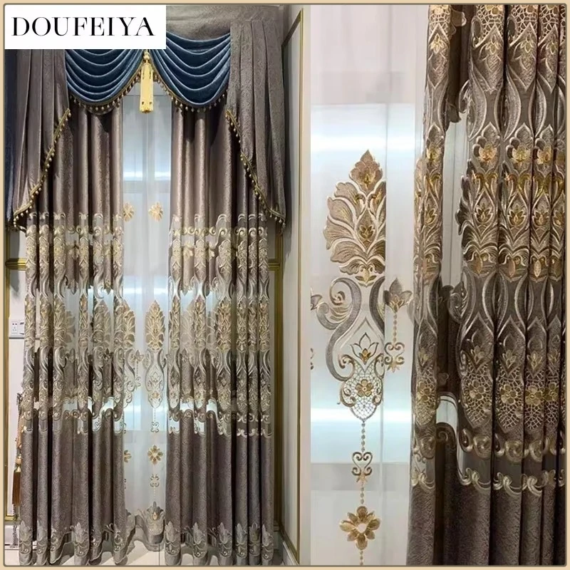 European Embroidered Grey Luxury Curtains for Living Room Bedroom Blackout Valance Window Screening Villa Decor Tulle Custom