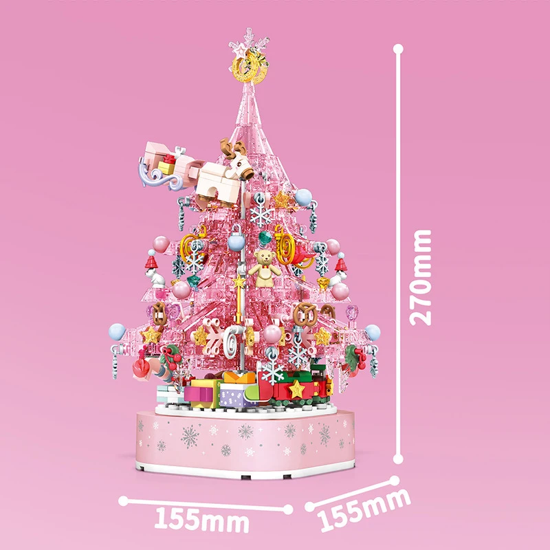 Sembo Nieuwe Roze Kristallen Kerstboom Bouwstenen Diy Light Muziekdoos Assemblage Bakstenen Speelgoed Voor Meisjes Vrienden Kerstcadeaus