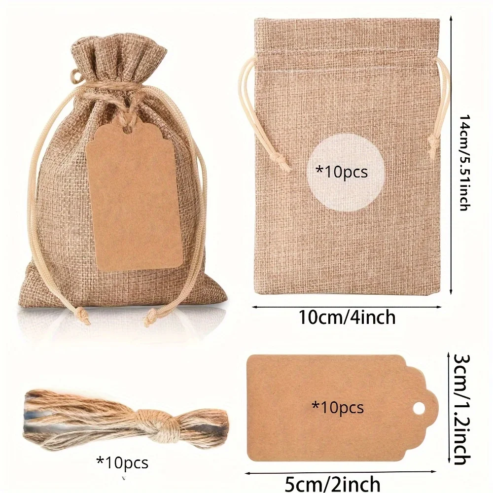 30pcs/10Set, Premium Burlap Gift Bags With Drawstring And Gift Tags String, 4x6 Inch Reusable Gift Bags, Burlap Bags, Linen Sac