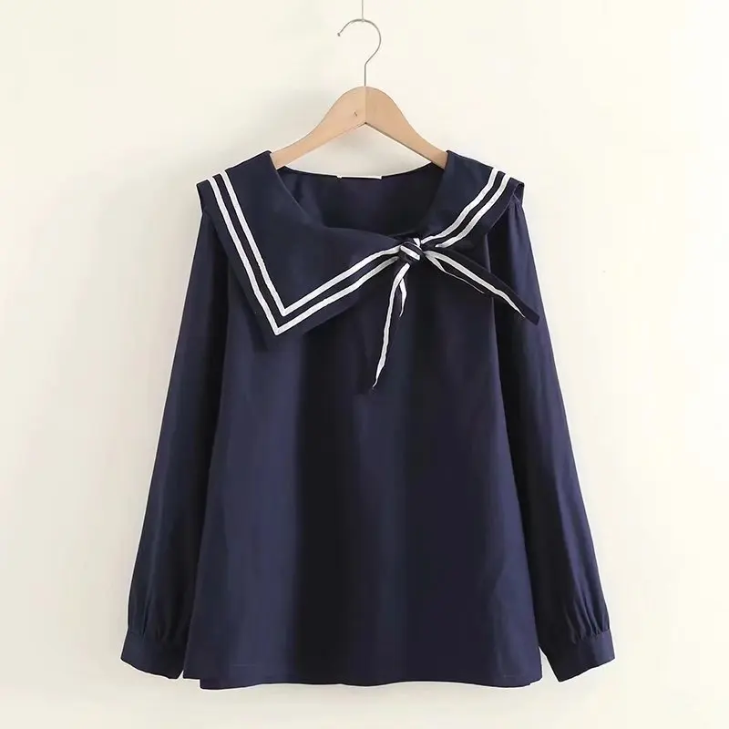 Morigirl Japanse stijl katoenen tops met lange mouwen matrozenkraag witte marineblauwe shirts en blouses voor meisjes herfstschoolshirt