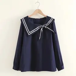 Morigirl Japan style cotton long sleeve tops sailor collar white navy blue shirts and blouses for girls autumn school shirt