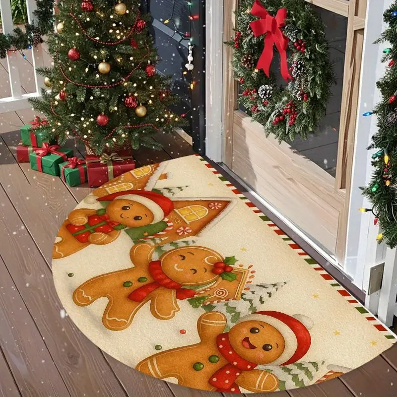 VIKAMA Half Round Christmas Gingerbread Doormat Cute Cookie Welcome Mat Non Slip Soft Floor Rug for Front Door Entryway Xmas