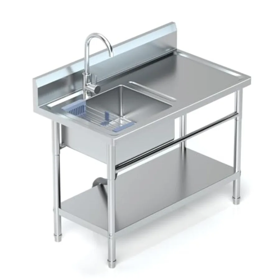 

Utility Sink Freestanding Single Bowl Laundry Sink with Hot and Cold Water Plumbing Workbench & Storage Stainless Steel Sink