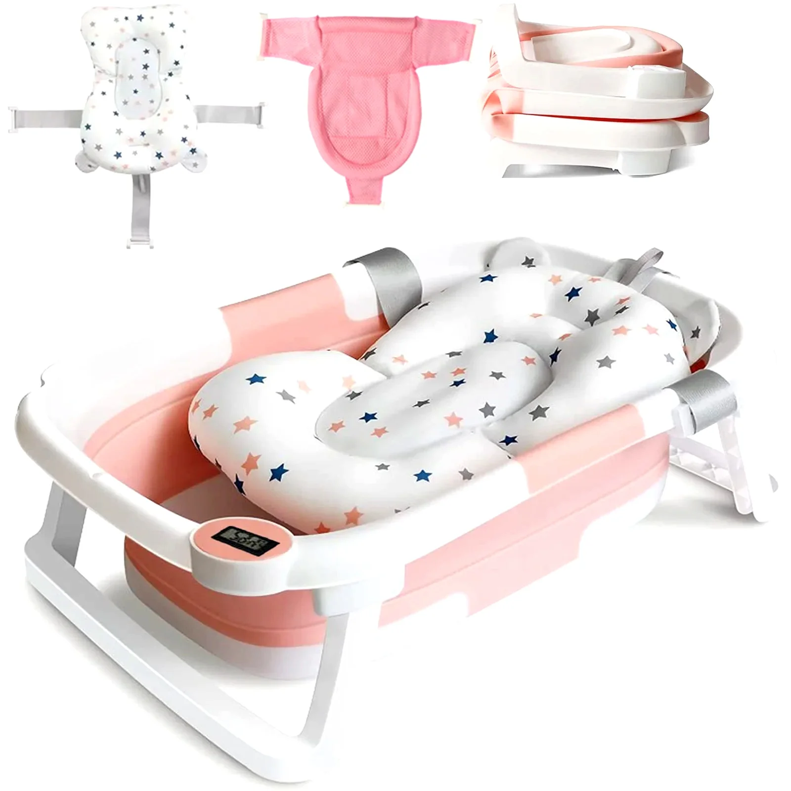 Foldable Baby Bathtub with Cushion and Thermometer