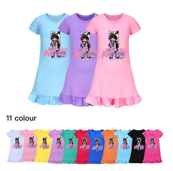 APHMAU Kids Girls Cotton Nightgown Summer Short Sleeves Cats Nightwear Cartoon Nightdress Girl Sleepwear Nightie Children Clothe