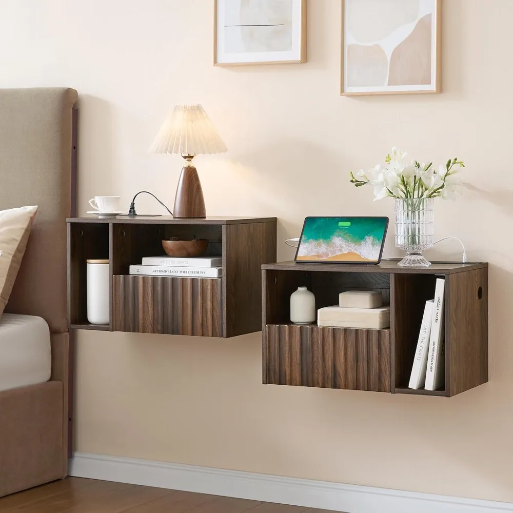 

Floating Bedside Table with Charging Station, Walnut Wood Wall-mounted Bedside Table, Bedside Table with USB Port and Socket
