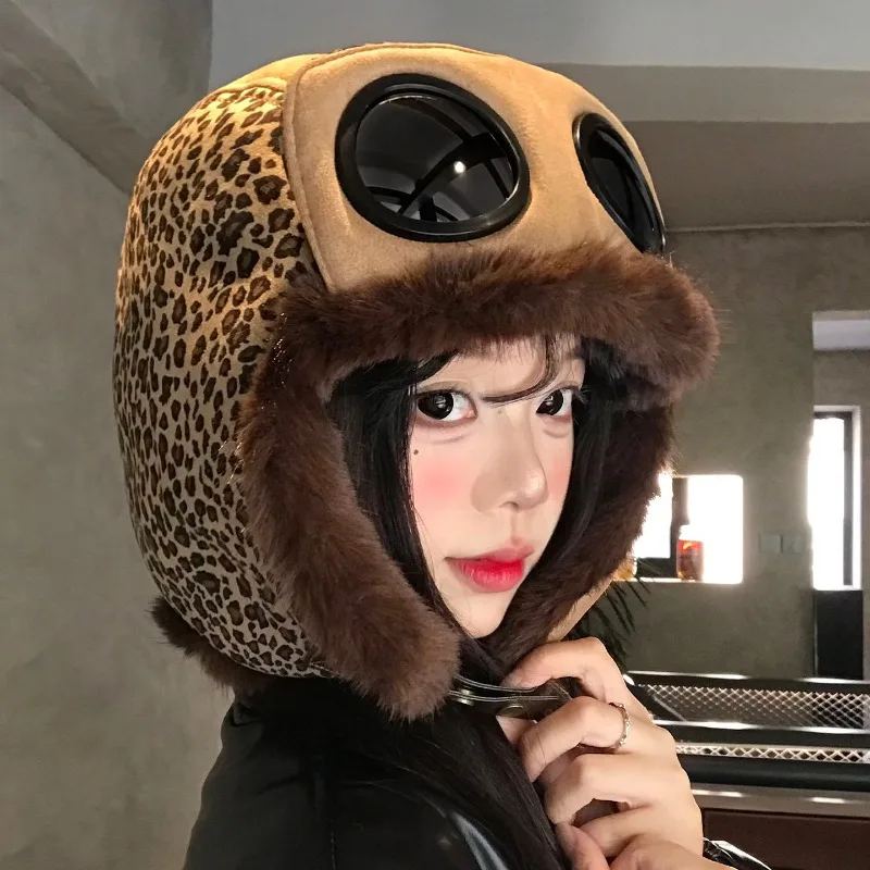 New Leopard Print Goggles with Plush Flying Cap for Unisex Winter Velvet Lei Feng Hat Cycling Warm Ear Protection Bomber Hats