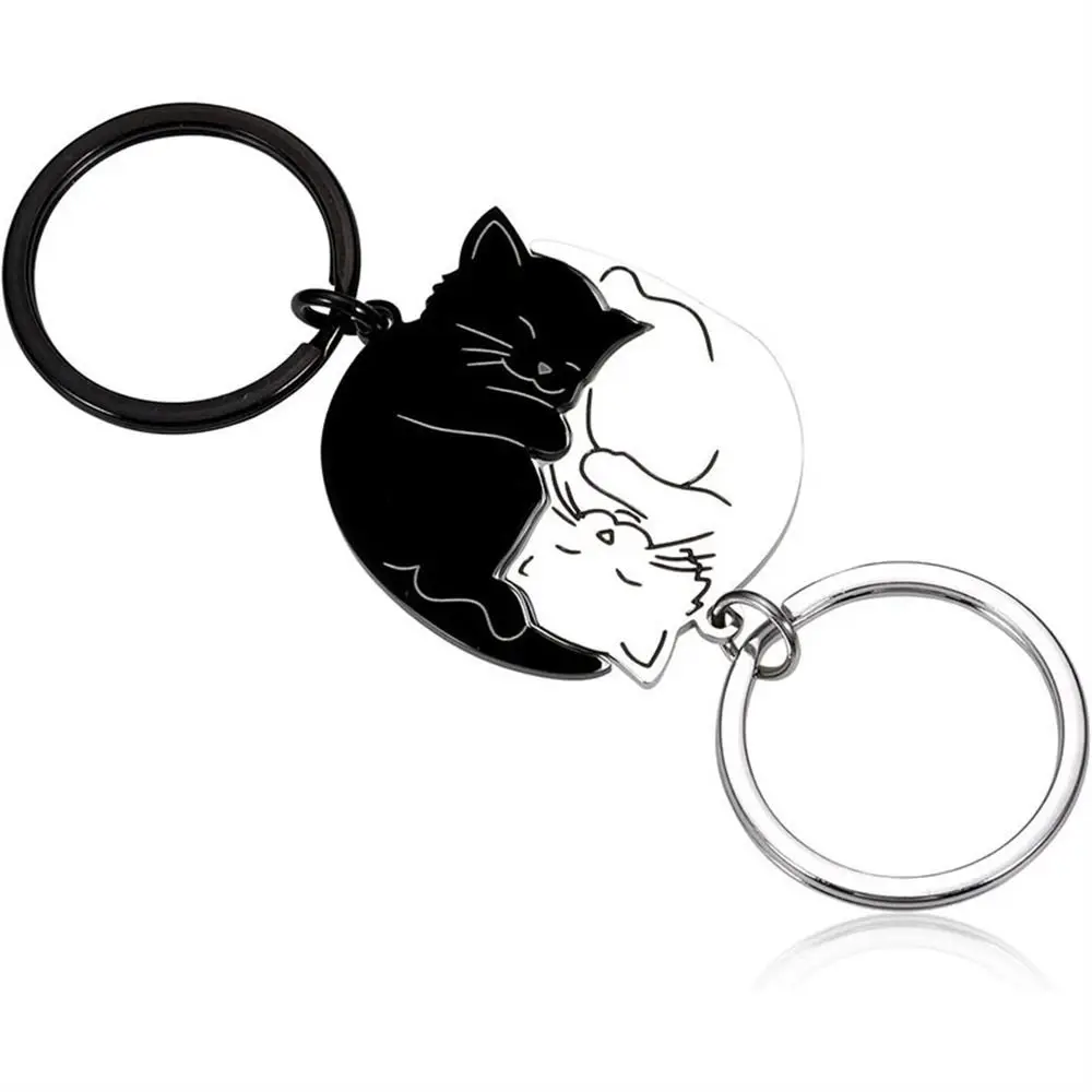 Hug Cat Couple Keychain Hanging Jewelry Stainless Steel Matching Cat Key Ring Patchwork Pet Lover Lovers Keyring Husband Wife
