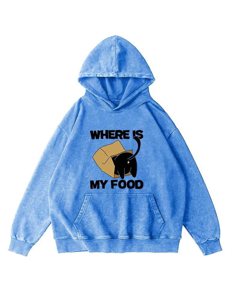 Where Is My Food Kawaii Cat Print Washed Hoodie Men Warm Distressed Tops Casual Cotton Comfortable Hooded Autumn Basic Hoody