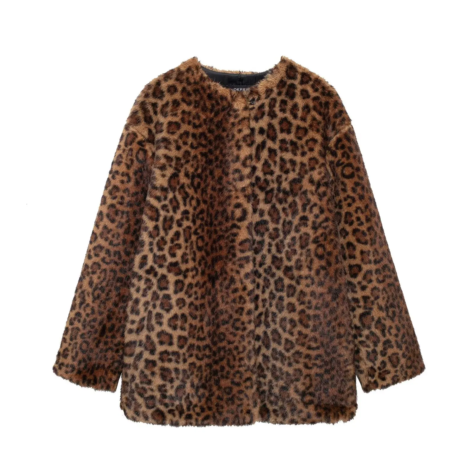 TRAFZA Winter Woman O-Neck Long Sleeves Loose Slim Faux Fur Jacket Coat 2024 Women Retro Leopard Print Warm Thick Coat Mujer