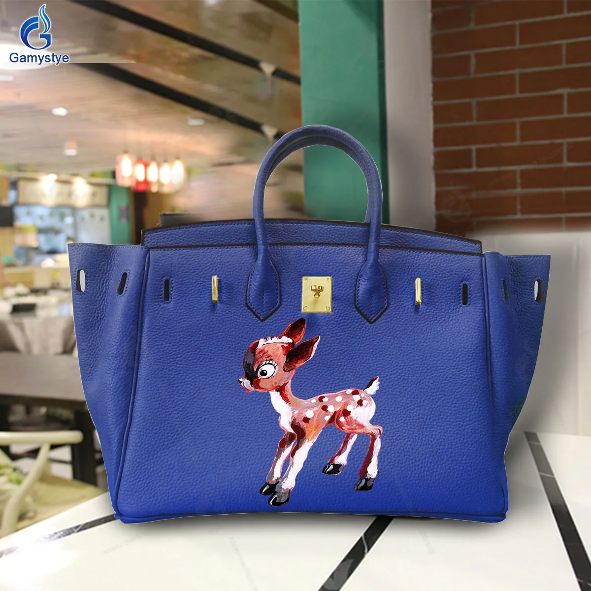 Art Print A cute little deer Customize Totes Genuine Leather For women Handbags Designer Shoulder Bag Gold Lock Hardware Fashion