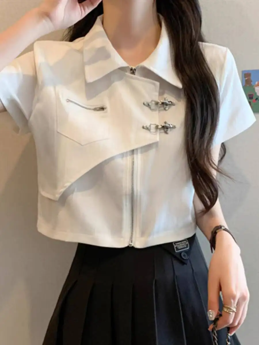 

2026 New Summer Women's Standard Shoulder Short Sleeve Shirt Polo Neck Cropped Top Fashion Casual Blouse Streetwear