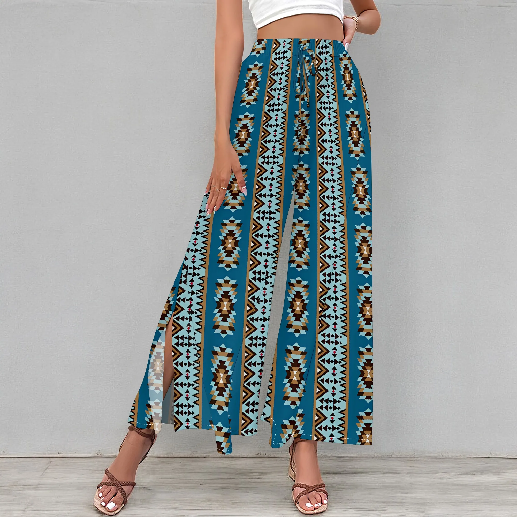 Dameskleding 2025, lente/zomer nieuw item op maat casual slim fit bloemen midden taille modieuze wijde pijpen broek strandbroek laag