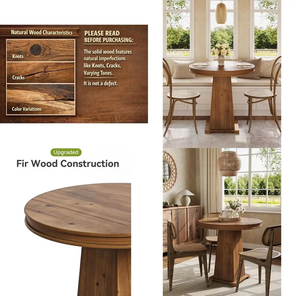 

Rustic Brown 31.5 Round Solid Wood Dining Table for Small Kitchen or Dining Room, Artistic Geometric Base