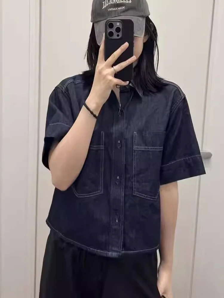 

Loose Casual Waed Denim irt ort Sve Turn-down Collar Workwear Sle Women's Spring Summer Faion Ladies' irt