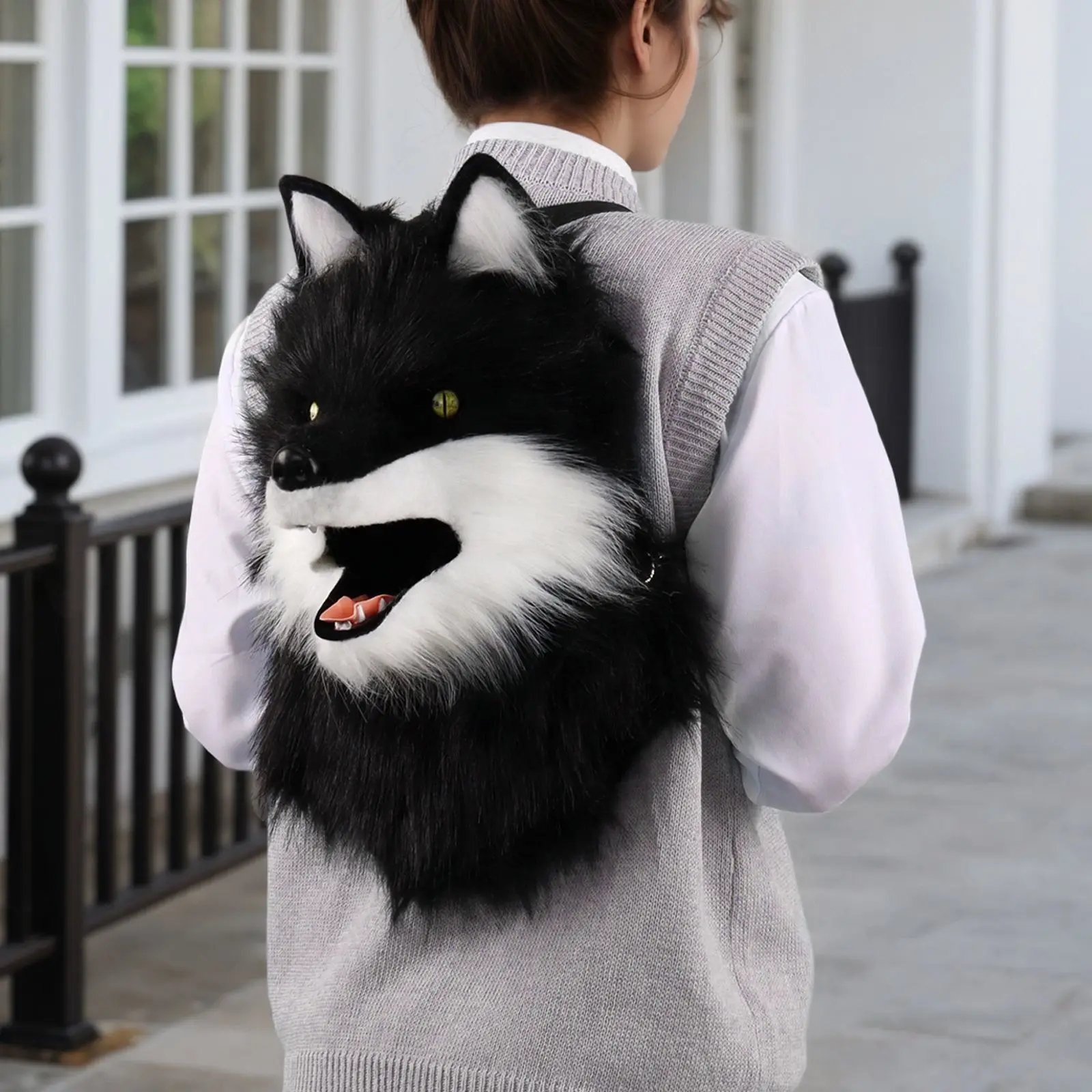 

Реалистичный пушистый рюкзак с головой животного, плюшевый животный, собака, полная голова, одна голова, одежда для косплея, меховой костюм, кигуруми, носимый