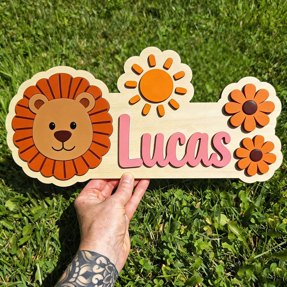 Boho Löwe Sonne Personalisierte Holzplakette Individuelles Namensschild für Jungen Mädchen Niedliches Tier-Themen Türdekor Einzigartiges Geburtstagsgeschenk