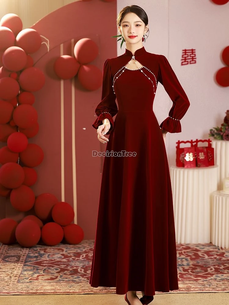 2024 gentle temperament bride wedding toasting attire classical demure improved banque cheongsam exquisite pearl brocade dress