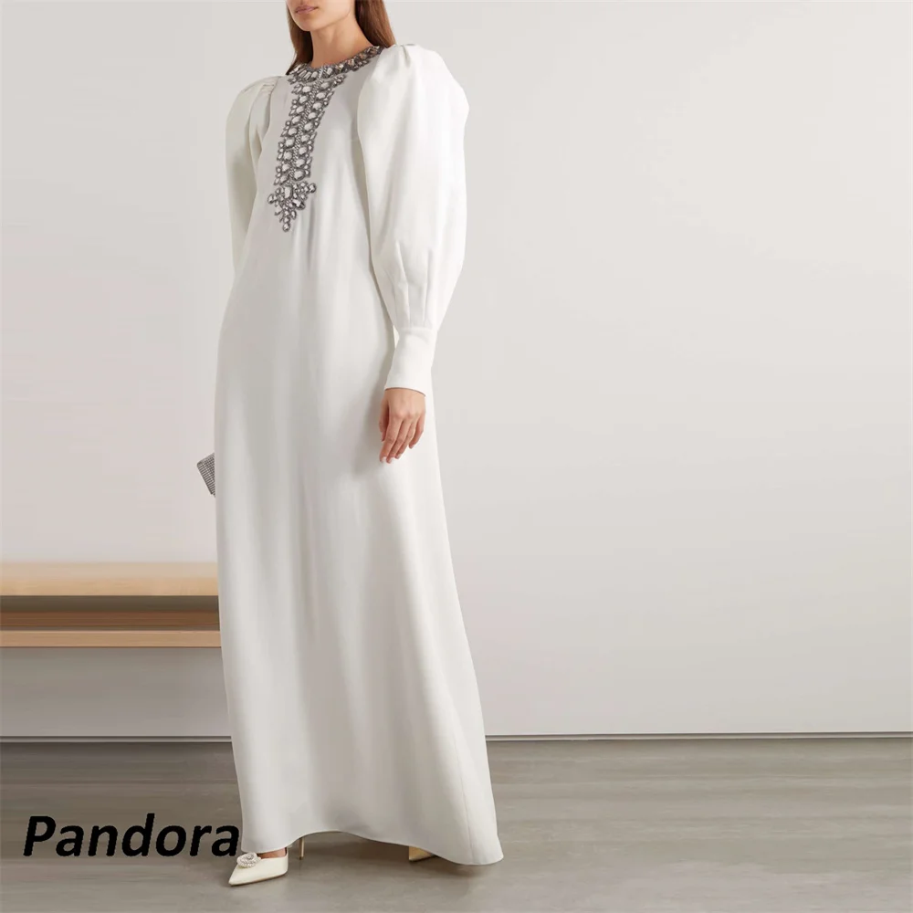 

Pandora Ivory Ankle-length Evening Gown O Neck Crystal Long Puff Sleeves A-Line Women's wedding Banquet Party Dress