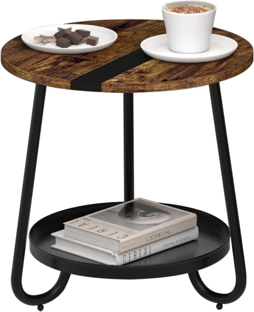 

2 Tier Coffee Table in Living Room with Metal Tray, Small Outdoor Side Table for Bedroom Balcony Patio Rustic Brown