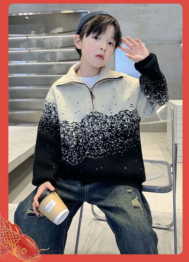 Kinder-Streifen-Polopullover mit halbem Reißverschluss für Jungen, Frühling, High-Street-Strickwaren, Teenager, Kinder, modische Strickpullover-Outfits – Detail 9