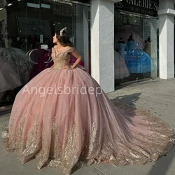 Angelsbridep 2025 Pink Shiny Quinceanera Dresses Off Shoulder With Gold Applique Lace Beads Tull Ball Gown Sweet 16 Dress Gowns