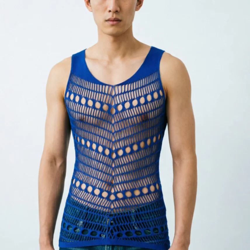 Classic Men's European Underwear Male Sexy Lingerie Hollow Out Fishnet Tops Black Blue white Man Sexy Nightgown Hombre Lencería