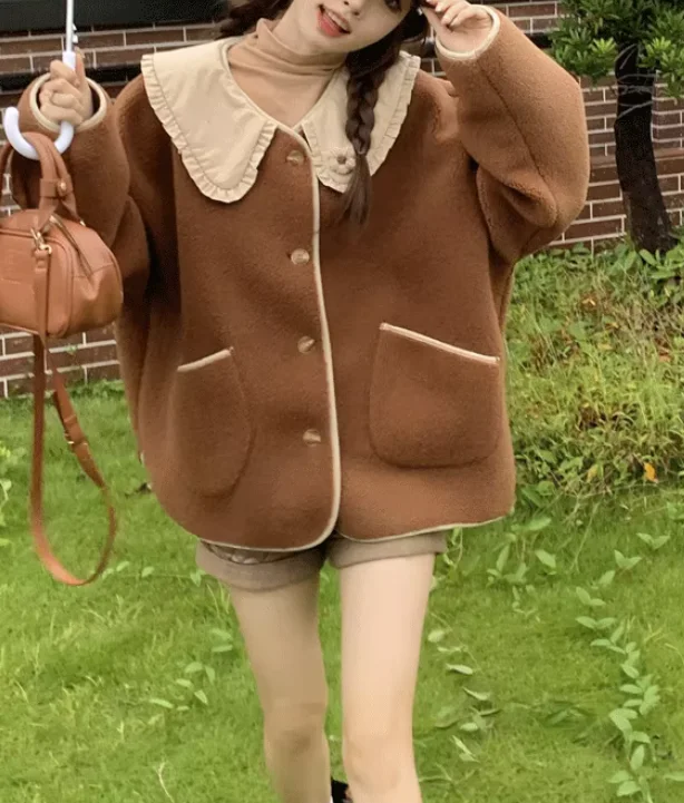 حجم كبير النساء الشتاء الكورية فضفاضة الحلو بيتر بان طوق الحد من العمر امبسوول سترة موضة تنوعا سترات بأكمام طويلة