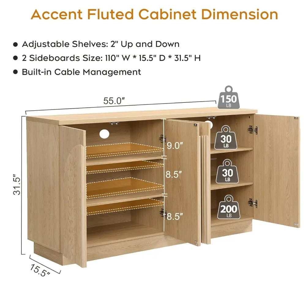 

Fluted Sideboard Buffet Cabinet Set of 2 with Arched Reeded Doors, 110 Inch Extra Long Mid Century Modern Credenza, Customized