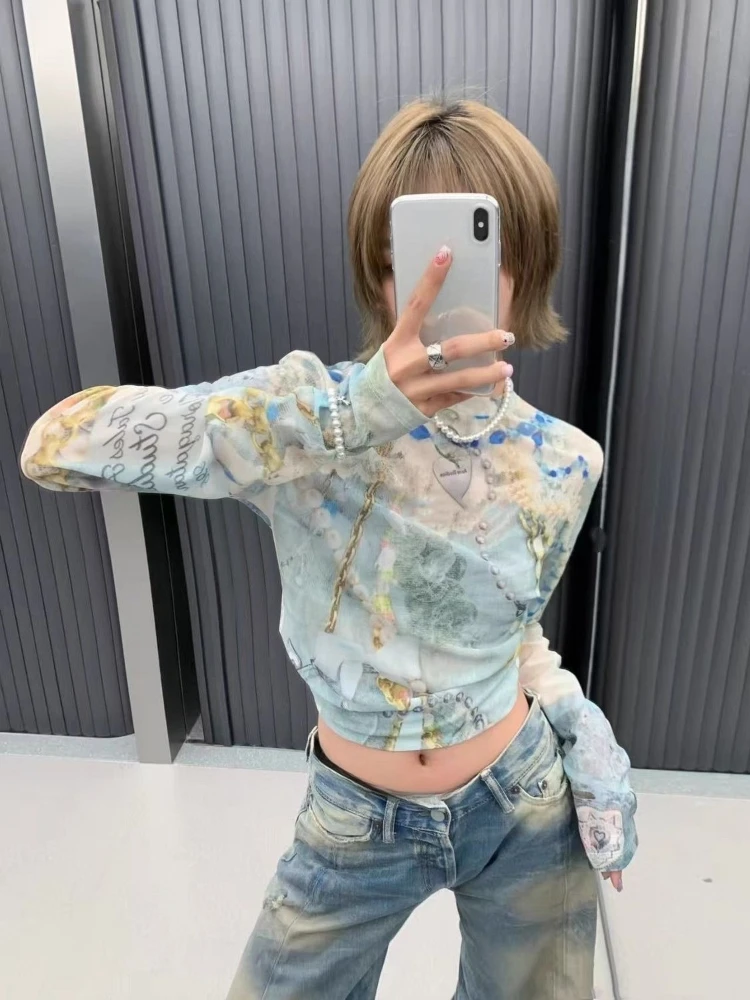 2025 Y2k الجمالية الشاش الطباعة الخريف تي شيرت المرأة Harajuku الجرونج اقتصاص القمم الشارع الشهير الجنية Bodycon انظر من خلال بلايز