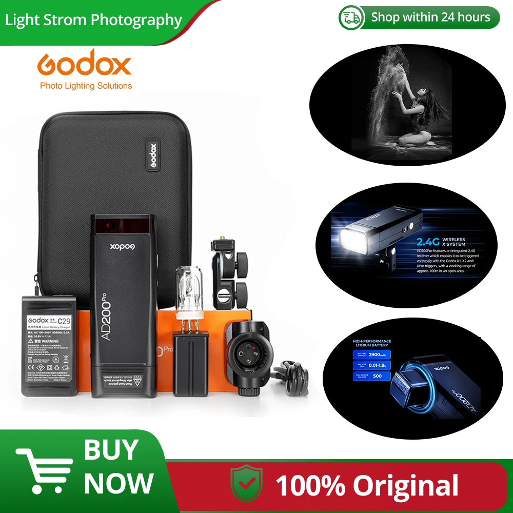 

Godox AD200Pro Outdoor Flash Light 200Ws TTL 2.4G 1/8000 HSS 0.01-1.8s Recycling with 2900mAh Battery Canon, Nikon, Sony