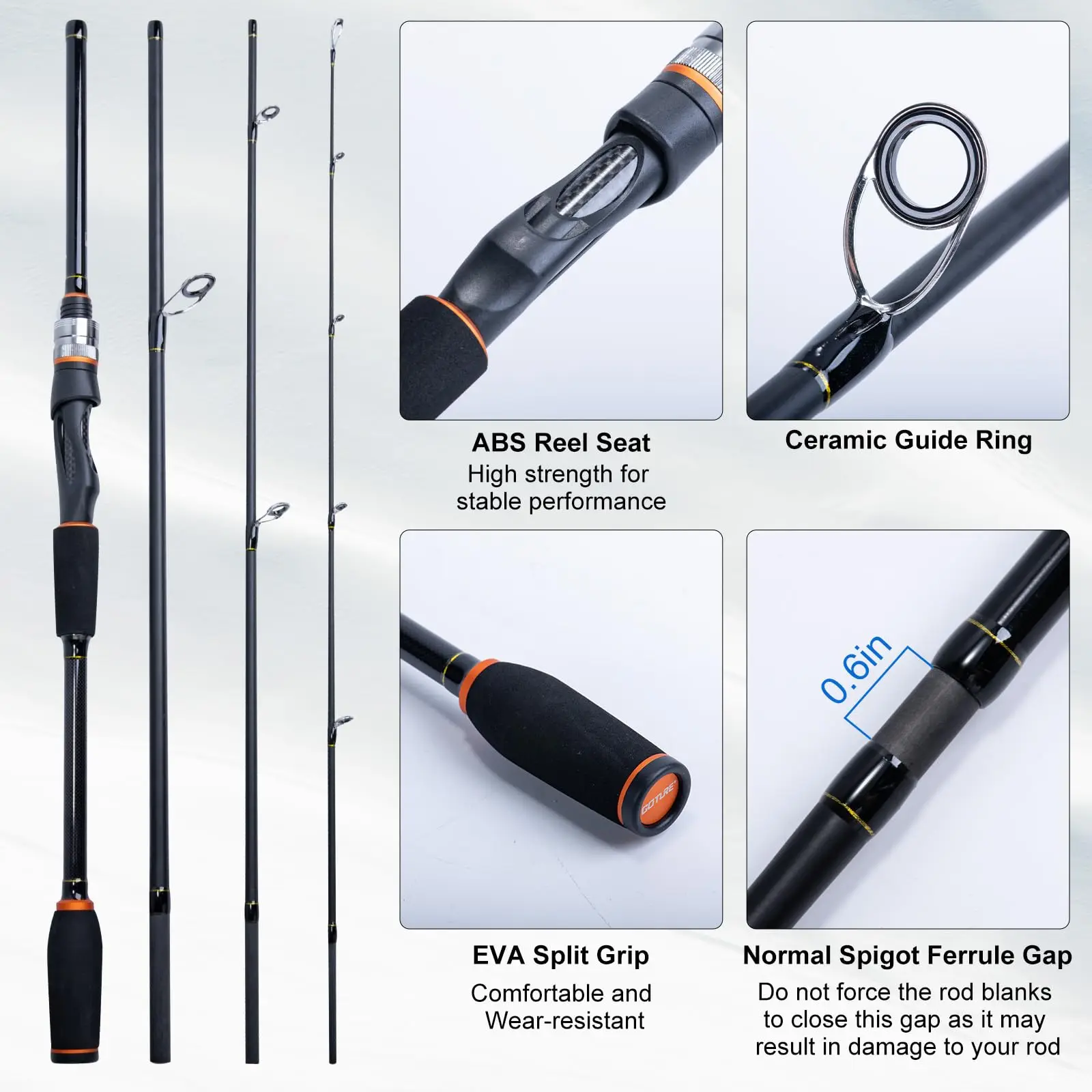 Goture Spinning Reel and Rod Combo Set Portable 1.98-2.1m Fishing Rod and 3000 Spinning Reel with Zippered Storage Bag Tackle