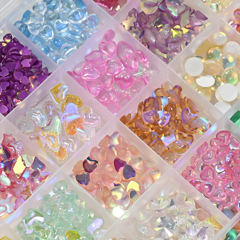 24 rejillas 3D Aurora amor-corazón dijes para uñas brillo colorido amor Y2K decoraciones para uñas corazón de resina manualidades DIY accesorios de manicura