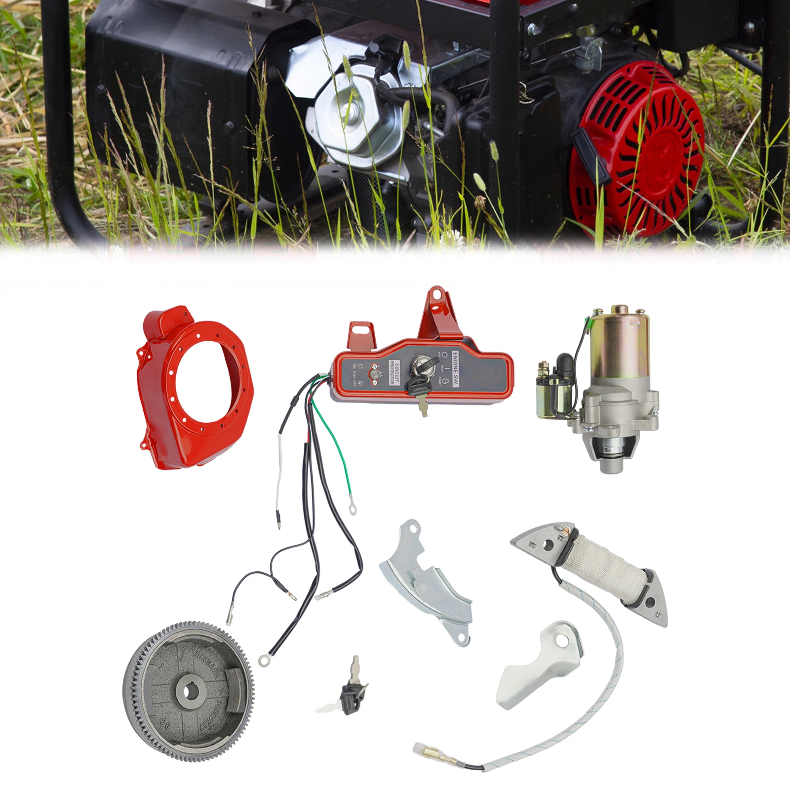 Flywheel Starter Motor Kit Electric Start Motor Ignition Kit w/Key Switch Box and Coil for HONDA GX160 5.5HP, HONDA GX200 6.5HP view 5