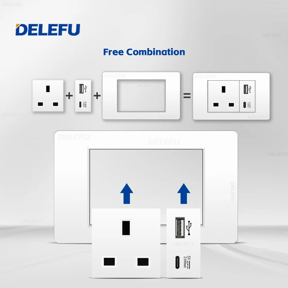 DELEFU Wall Switch Power socket USB-C PC White panel UK series