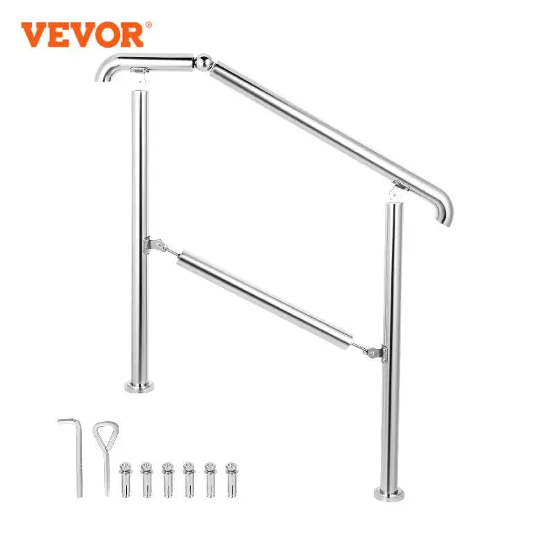 VEVOR 3-5 Step Railing Stainless Steel Transitional Handrail Fit For Level Surface Adjustable Stair Railing Safely Up/Downstairs