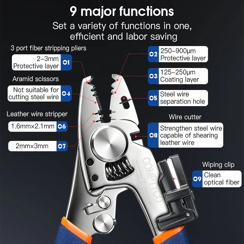 COMPTYCO F9 Optical Fiber Cable Stripping Pliers FTTH Tool Multifunctional Stainless Steel Fiber Optic Stripper With Wiping Clip