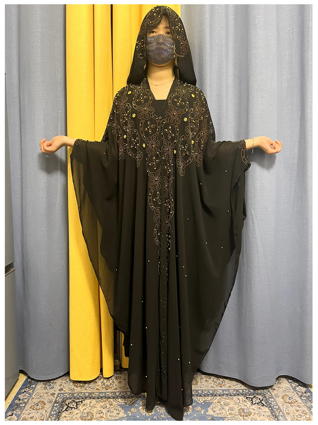 New Open Lined Clothing African Abaya Dress Muslim Hooded Dress Women\'s Hot Diamond Chiffon Skirt Dubai Boubou Islamic Clothing