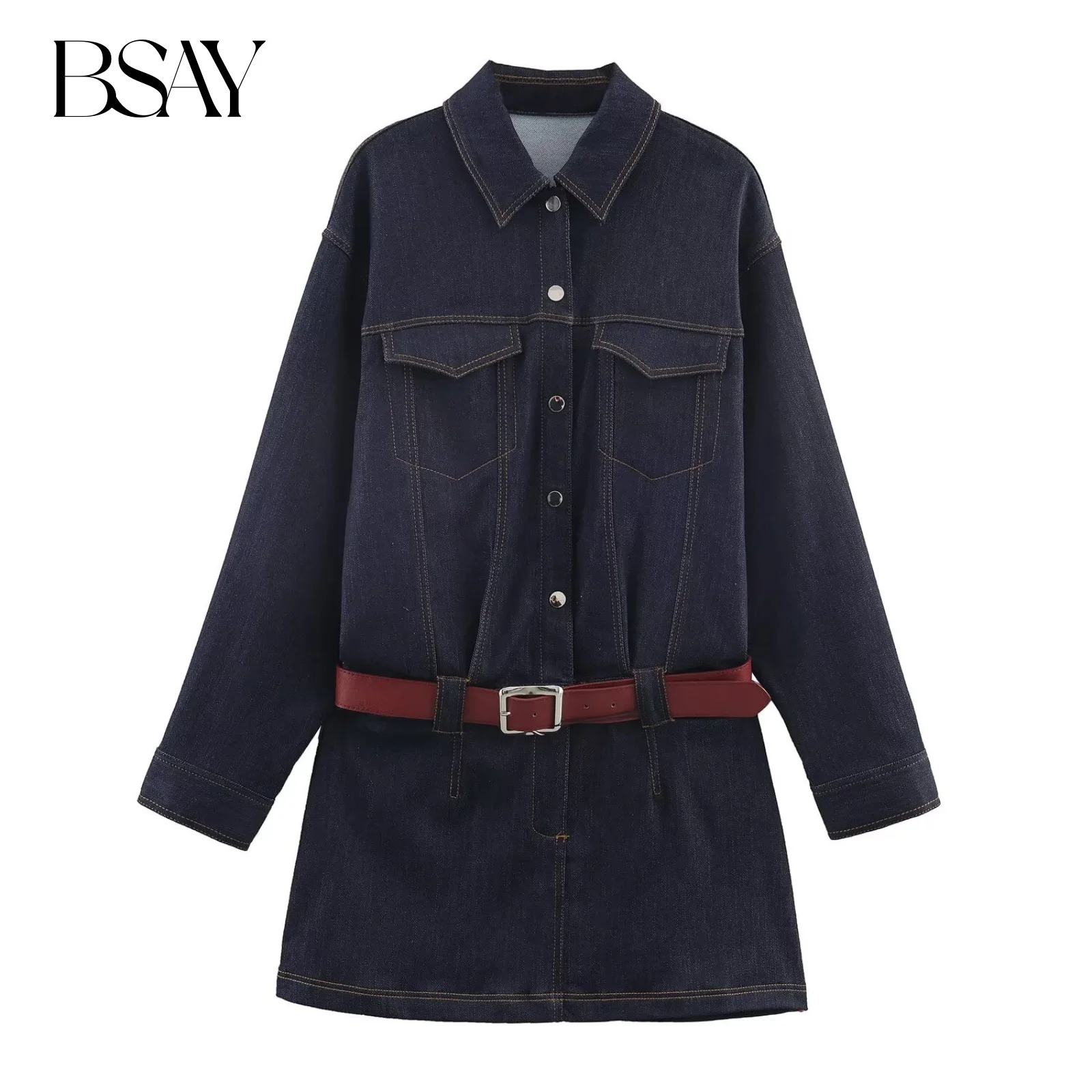 

BSAY Джинсовое короткое платье с поясом для женщин, модное зимнее новое однобортное платье с длинными рукавами и карманами с лацканами, Франция, женские вечерние платья