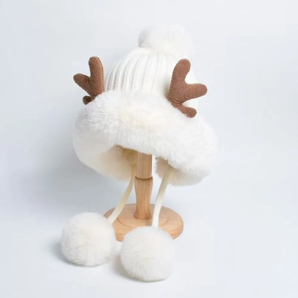 Pom Beanie Thickened Deer Antler Beanie Windproof Elastic Fleece Lined Hat Breathable Ribbed Ear Protection Cap Cycling