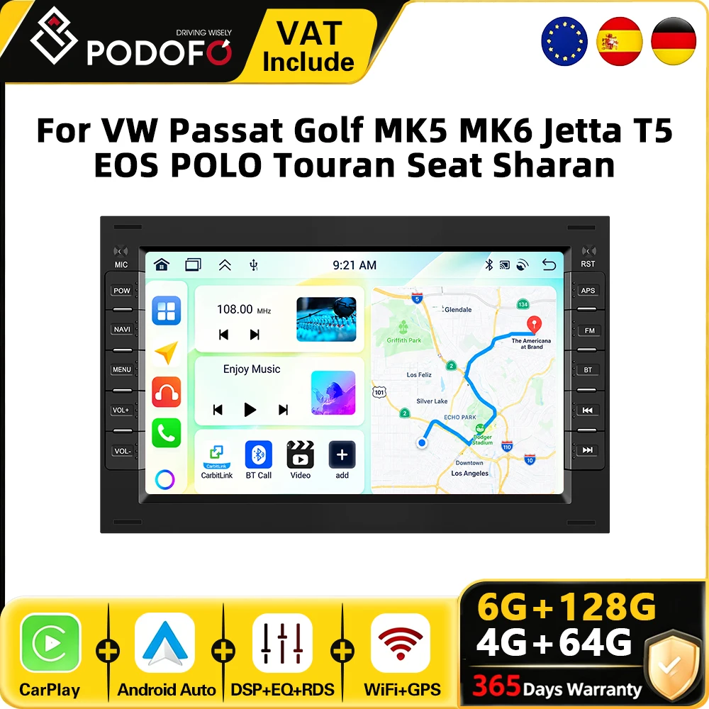 Podofo Autoradio Android 7" 2 Din pour Volkswagen VW Passat Golf MK5 MK6 Jetta T5 EOS POLO Touran Seat Sharan SKODA PEUGEOT Navigation GPS Wifi Système intelligent pour voiture CarPlay Android Auto BT Lecteur multimédia pour voiture