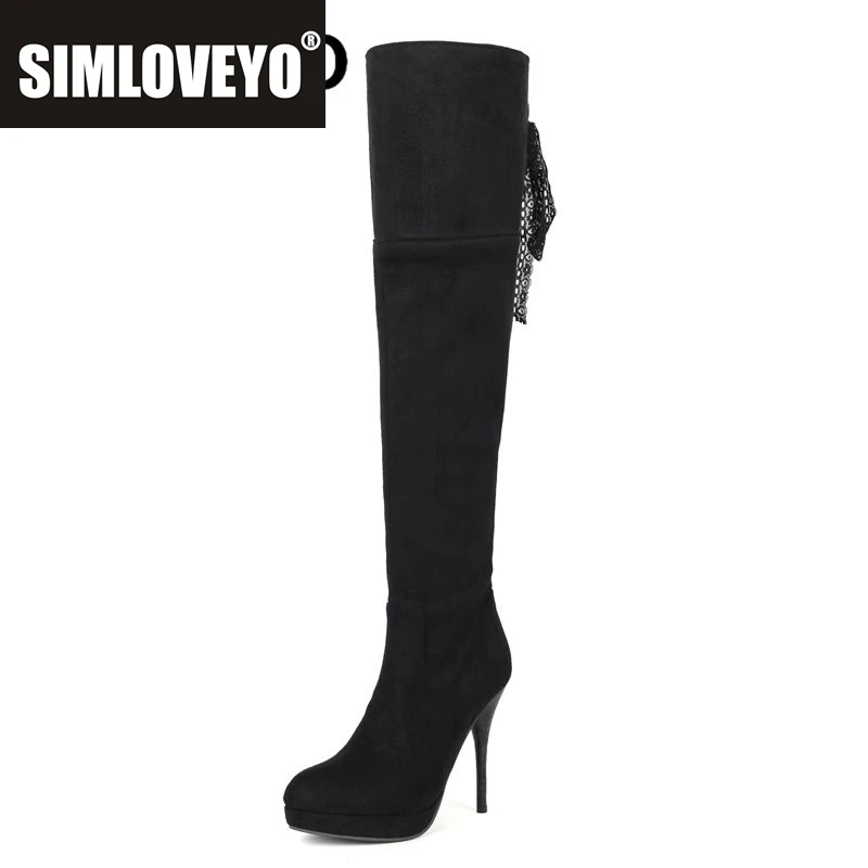 

SIMLOVEYO Новые модные женские сапоги до бедра с круглым носком на шпильке 12 см, флоковая замша, большой размер 41, 42, 43, длинные ботинки для вечеринок и свиданий