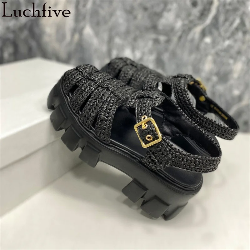 New Thick Soled Platform Sandals Women Twine Rattan Grass Braid Casual Beach Rome Sandals Summer Punk Lefu Flats Shoes Ladies