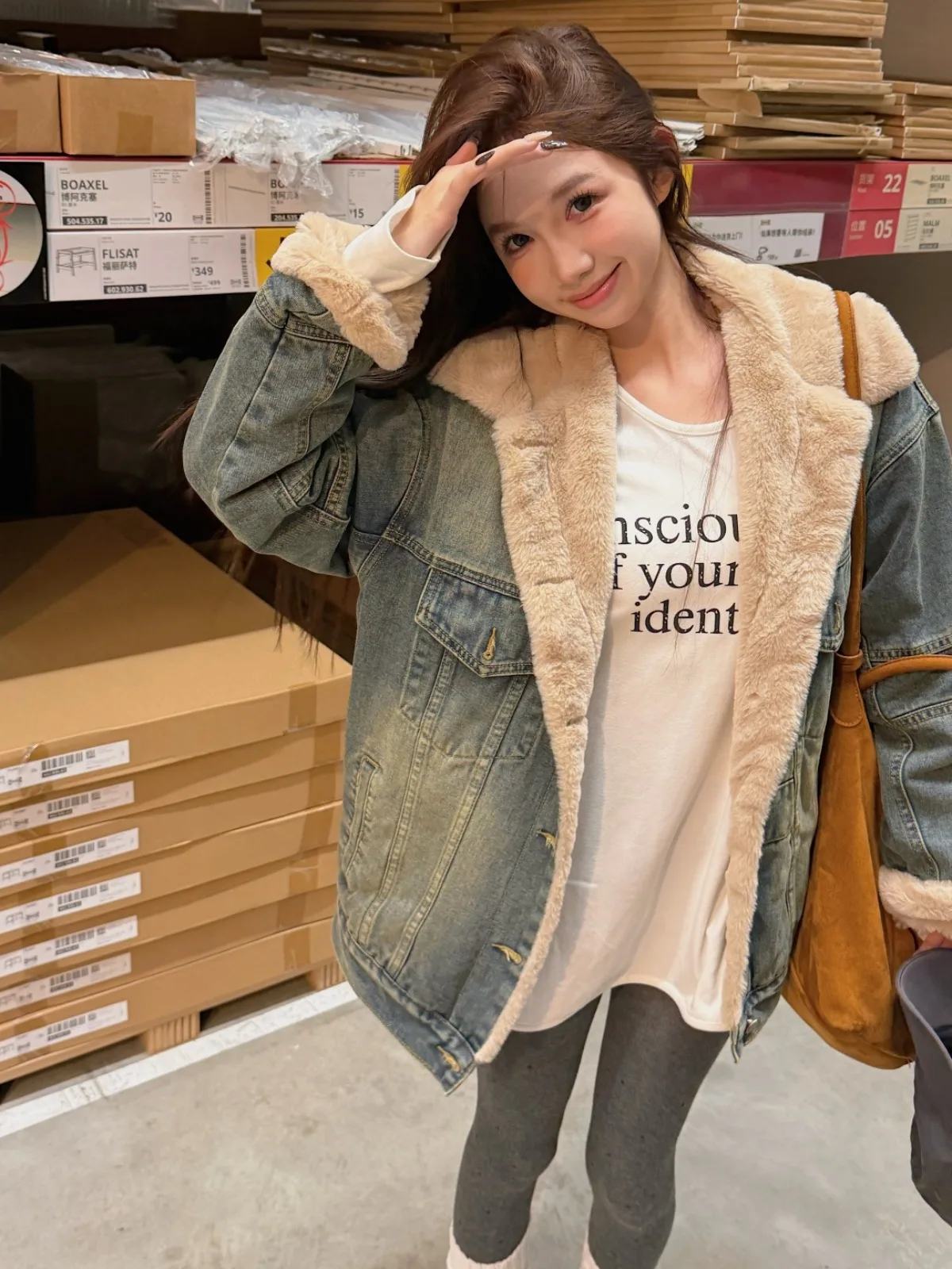 

Denim Coats Woman Diamond Fur Plush Womens Winter Patchwork Slimming Outwears Minimalist Urban Social Gathering Checked Cropped