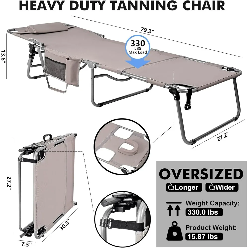 Folding Chair for Outside, Duty Oversized 330 LBS Lounge Chair with Face/Arm Hole,Wide Folding Layout Face Down Camping Chairs